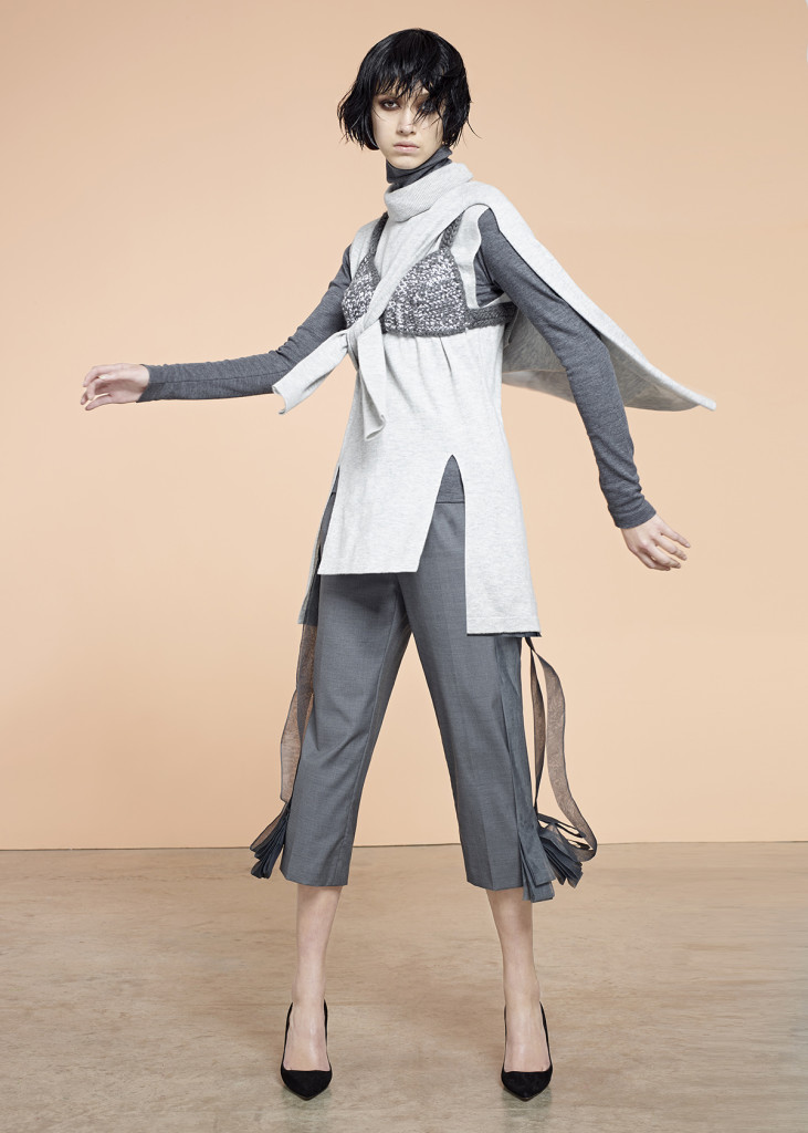 Dark Grey Top: Libertine Libertine, Both Light Grey Tops: Whistles, Bra: Sabinna, Trousers: Youjia Jin, Shoes: Manolo Blahnik